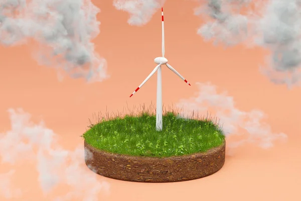 Windpark Mit Miniaturwindrad Auf Isolierter Grasplatte Unendlicher Hintergrund Erneuerbare Energien — Stockfoto