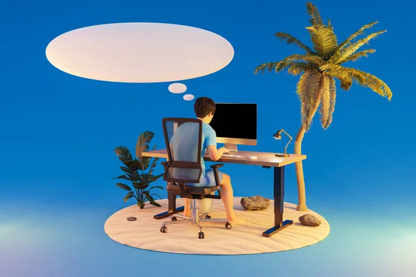 在孤立的热带岛屿环境中坐在Pc办公室工作的人 无边无际的背景 工作量压力概念 3D说明 — 图库照片