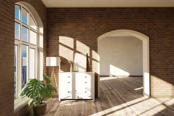 Lyxig Loft Lägenhet Med Välvda Fönster Och Ädel Minimalistisk Inredning — Stockfoto