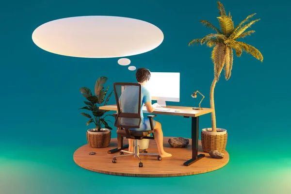 Hombre Sentado Lugar Trabajo Oficina Ambiente Aislado Isla Tropical Burbuja — Foto de Stock