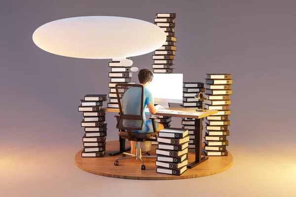 文書のバインダーとスピーチバブルのスタックと無限の背景にPcオフィスの職場に座って男 ワークロードストレス書き込みコンセプト 3Dイラスト — ストック写真
