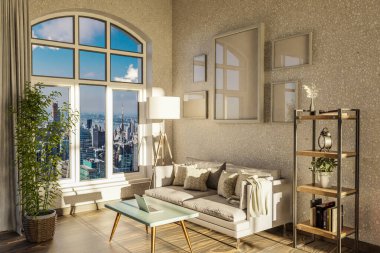 Şehir merkezi üzerinde pencere ve panoramik manzaralı lüks çatı katı dairesi; soylu iç mekan tasarımı modelleme; 3D Görüntü