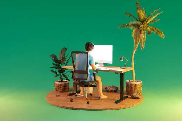 Man Sitter Kontor Arbetsplats Isolerade Tropiska Miljö Oändlig Bakgrund Arbetsbelastning — Stockfoto