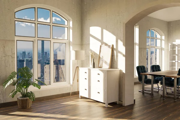アーチ型の窓 引き出し ミニマルなインテリアリビングルームのデザイン装飾と豪華なロフトアパート 3Dイラスト — ストック写真