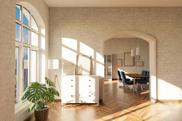 Luxurious Loft Apartment Arched Window Minimalistic Interior Living Room Design — Stock Photo, Image