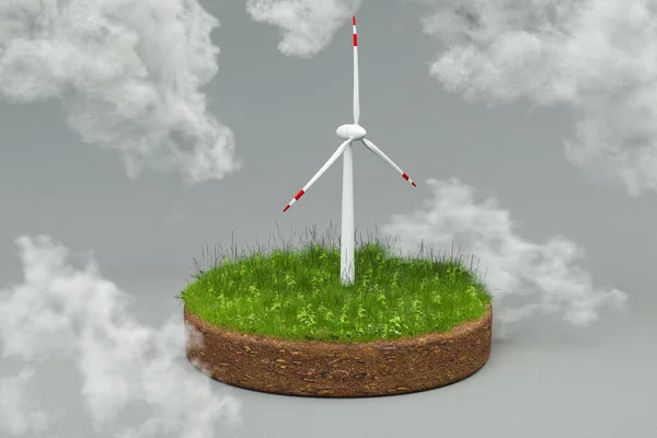 Windpark Mit Miniaturwindrad Auf Isolierter Grasplatte Unendlicher Hintergrund Erneuerbare Energien — Stockfoto