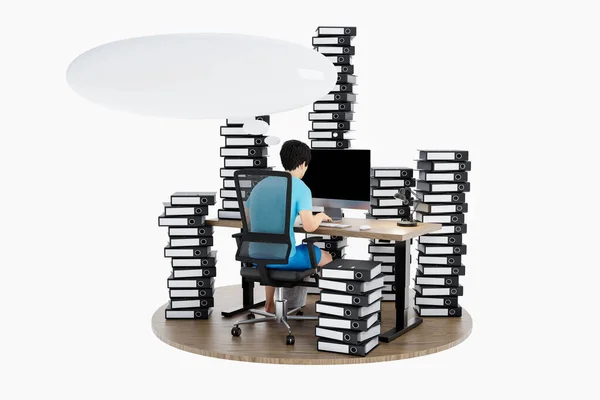 Człowiek Siedzący Biurze Nieskończonym Tle Stosami Segregatorów Dokumentów Bańki Mowy — Zdjęcie stockowe