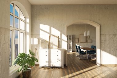 luxurious loft apartment with arched window and minimalistic interior living room design; 3D Illustration clipart
