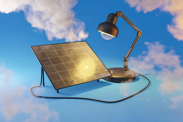 Lampa Biurkowa Świecąca Światłem Panelu Słonecznym Nieskończonym Kolorowym Tle Chmurami — Zdjęcie stockowe