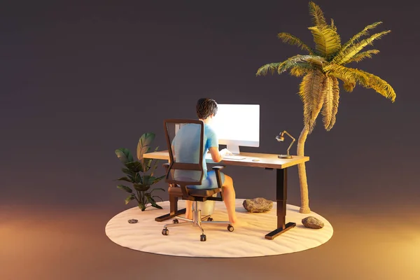 Hombre Sentado Lugar Trabajo Oficina Ambiente Aislado Isla Tropical Fondo — Foto de Stock
