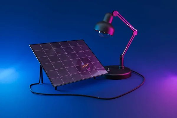 desk lamp shining light on solar panel on infinite colorful background; renewable unlimited green energy concept; 3D Illustration