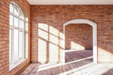 Penceresi ve minimalist oturma odası tasarımlı lüks bir çatı katı dairesi.