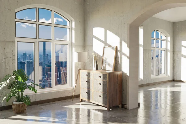 Luxusní Podkrovní Byt Oknem Minimalistickým Designem Interiéru Obývacího Pokoje Ilustrace — Stock fotografie