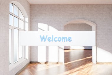Arama kutusu metni, penceresi ve minimalist iç mekan tasarımı olan lüks bir çatı katında havada asılı duruyor.