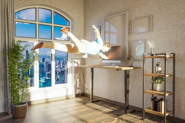 Havada yüzen iş adamı bilgisayar ekranına çekiliyor; sürreal stres daldırma ve sanal gerçeklik konsepti; geniş pencereli parlak ofis; 3D illüstrasyon