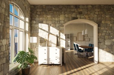 Kemerli pencereli ve minimalist oturma odası tasarımlı lüks çatı katı dairesi; 3D İllüstrasyon