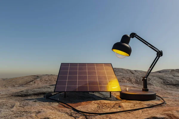 Lampe Bureau Qui Brille Sur Panneau Solaire Dans Environnement Désertique — Photo
