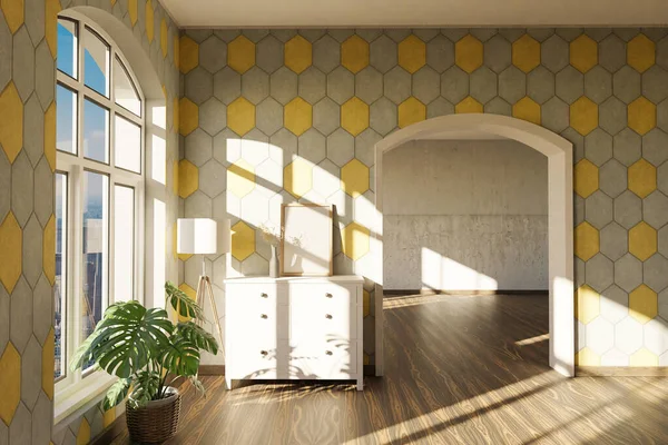Luxusní Podkrovní Byt Klenutým Oknem Vznešeným Minimalistickým Designem Interiéru Obývacího — Stock fotografie