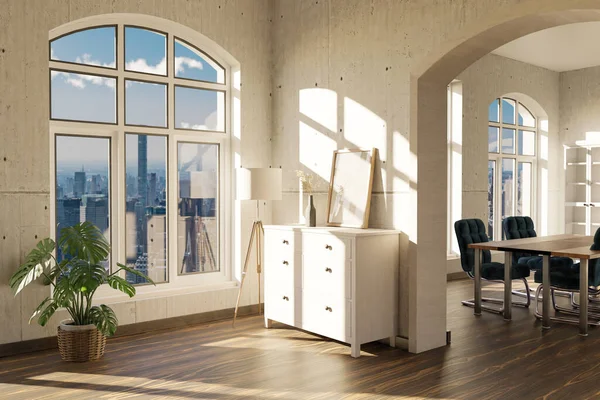 Lyxig Loft Lägenhet Med Välvda Fönster Låda Och Minimalistiska Inredning — Stockfoto