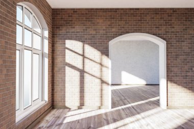 Penceresi ve minimalist oturma odası tasarımlı lüks bir çatı katı dairesi.