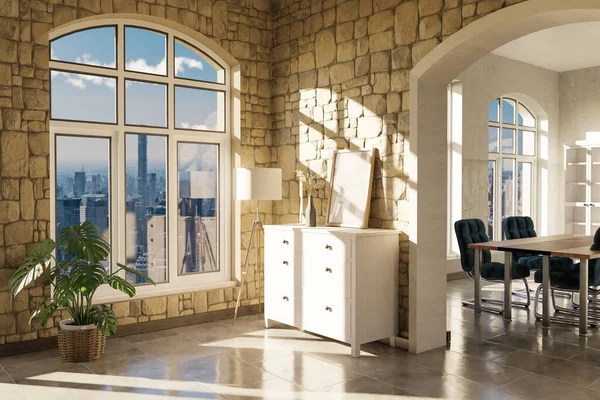 アーチ型の窓 引き出し ミニマルなインテリアリビングルームのデザイン装飾と豪華なロフトアパート 3Dイラスト — ストック写真