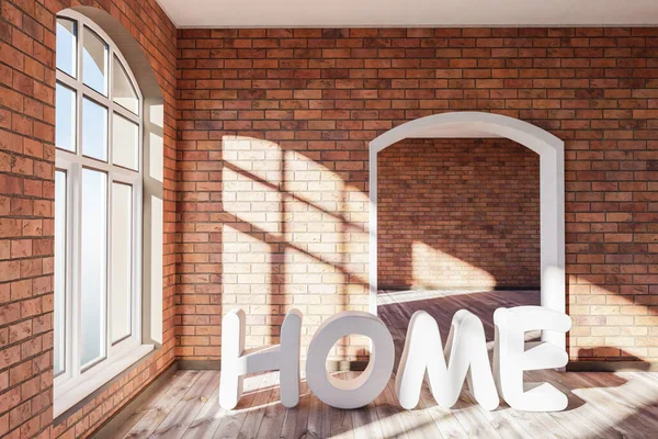 窓とミニマルなインテリアのリビングルームのデザインと豪華なロフトアパートに立つホームレタリング 3Dイラスト — ストック写真