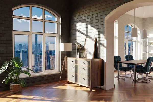 Apartamento Loft Luxuoso Com Janela Design Sala Estar Interior Minimalista — Fotografia de Stock