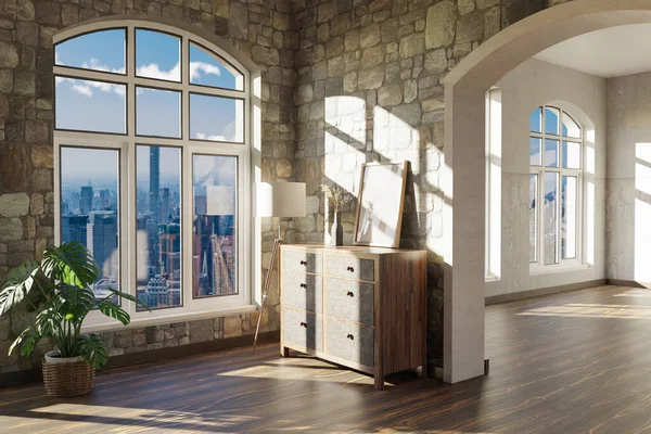 窓とミニマルなインテリアのリビングルームのデザインと豪華なロフトアパート 3Dイラスト — ストック写真