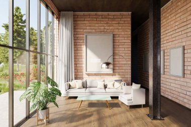 Pencere ve bahçeli lüks çatı katında havada yüzen arama kutusu metni; minimal iç mekan tasarımı; 3D Görüntü