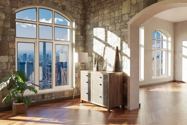 窓とミニマルなインテリアのリビングルームのデザインと豪華なロフトアパート 3Dイラスト — ストック写真