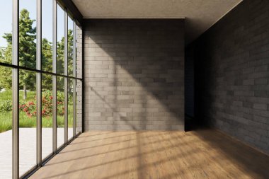 Lüks boş daire penceresi ve minimalist oturma odası tasarımı; 3D Görüntü