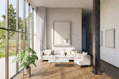 Pencere ve bahçeli lüks çatı katında havada yüzen arama kutusu metni; minimal iç mekan tasarımı; 3D Görüntü