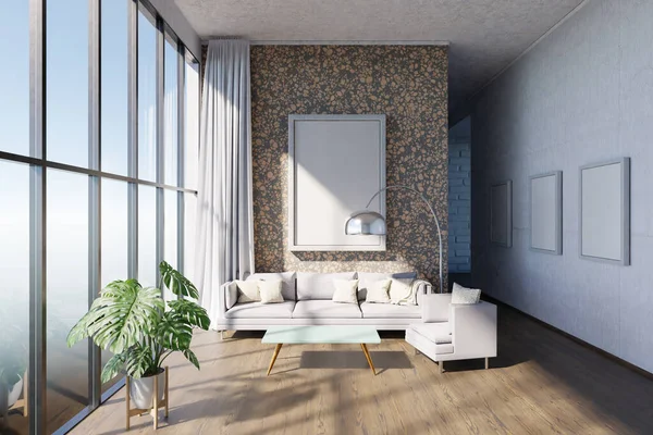 豪华阁楼公寓窗户 简约的室内设计 3D插图 — 图库照片
