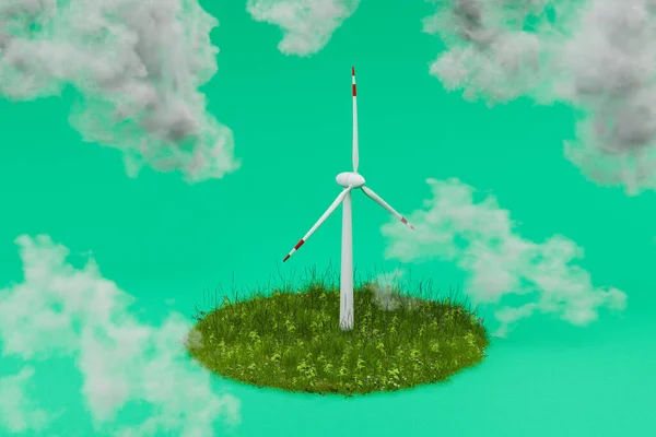 Barevné Pozadí Miniaturní Koncept Udržitelnosti Větrného Mlýna Obnovitelné Energie Gras — Stock fotografie