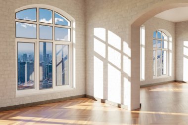 Penceresi ve minimalist oturma odası tasarımlı lüks bir çatı katı dairesi.