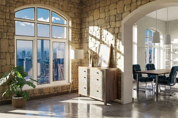 Apartamento Loft Luxuoso Com Janela Design Sala Estar Interior Minimalista — Fotografia de Stock