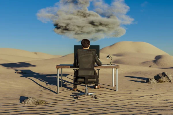 Άνθρωπος Που Κάθεται Στο Χώρο Εργασίας Γραφείου Στο Περιβάλλον Της — Φωτογραφία Αρχείου