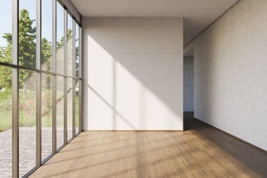 Lüks boş daire penceresi ve minimalist oturma odası tasarımı; 3D Görüntü