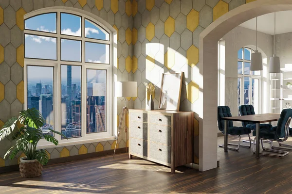 带有窗户和简约室内设计的豪华阁楼公寓 3D插图 — 图库照片