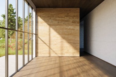 Lüks boş daire penceresi ve minimalist oturma odası tasarımı; 3D Görüntü