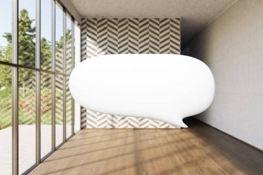 Pencere ve bahçeli lüks çatı katında havada yüzen arama kutusu metni; minimal iç mekan tasarımı; 3D Görüntü