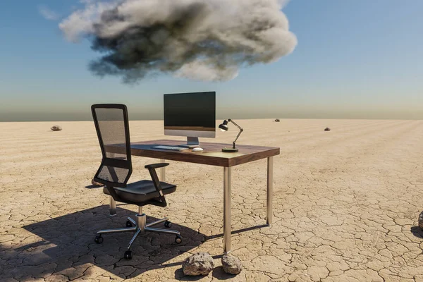 在沙漠环境中 坐在Pc办公室工作的人 头上堆着大堆的文件装订和云彩 工作压力使疲惫不堪的概念 3D说明 — 图库照片