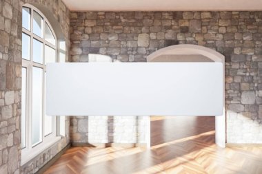 Pencere ve minimalist iç mekan tasarımı olan lüks bir çatı katında havada yüzen arama kutusu.