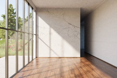 Lüks boş daire penceresi ve minimalist oturma odası tasarımı; 3D Görüntü