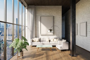 Lüks daire penceresi, minimal iç mekan oturma odası tasarımı, 3D Görüntü