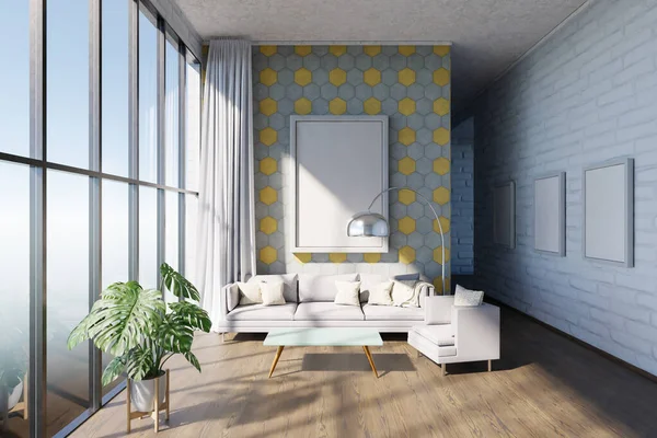 Lujosa Ventana Del Apartamento Loft Diseño Minimalista Sala Estar Interior — Foto de Stock