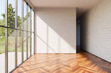 Lüks boş daire penceresi ve minimalist oturma odası tasarımı; 3D Görüntü