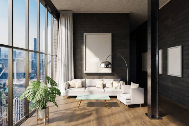 Lüks daire penceresi, minimal iç mekan oturma odası tasarımı, 3D Görüntü