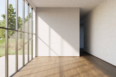 Lüks boş daire penceresi ve minimalist oturma odası tasarımı; 3D Görüntü