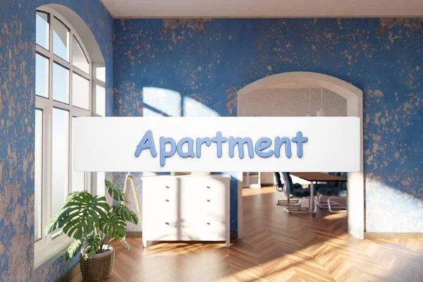 apartment; search box text floating in air in luxurious loft apartment with window and garden; minimalistic interior living room design; 3D Illustration